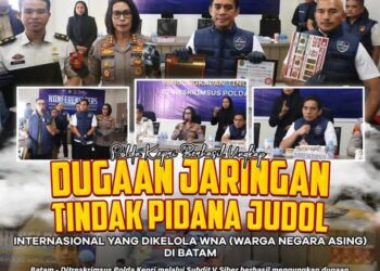 Ditreskrimsus Polda Kepri melalui Subdit V Siber berhasil mengungkap dugaan tindak pidana perjudian daring (online) dan/atau Tindak Pidana Pencucian Uang (TPPU) yang melibatkan puluhan warga negara asing di Kota Batam, Selasa (12/05/26).
Foto: Humas Polda Kepri