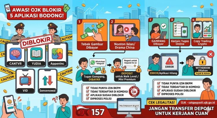 Satgas Pemberantasan Aktivitas Keuangan Ilegal (Satgas PASTI) menghentikan 5 entitas per 27 Mei 2026 karena menawarkan imbal hasil tak masuk akal dengan pola rekrutmen berjenjang.
Foto: AI