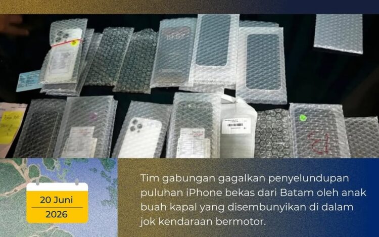 Bea Cukai bersama Polsek KP3 Kuala Tungkal, Satpolairud, dan Pos TNI AL menggagalkan upaya penyelundupan 68 unit iPhone bekas asal Batam, di Pelabuhan ASDP Kuala Tungkal, Jambi (20/06/26).
Foto: BC