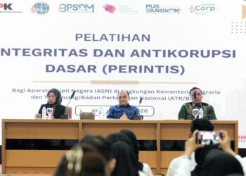 Pelatihan Integritas dan Antikorupsi Dasar (PERINTIS) bagi aparatur sipil negara (ASN) di lingkungan Kementerian Agraria dan Tata Ruang/Badan Pertanahan Nasional (ATR/BPN). Pelatihan berlangsung secara tatap muka pada 21–23 Juli 2026 di BPSDM Kementerian ATR/BPN, Kabupaten Bogor.
Foto: kpk.go.id