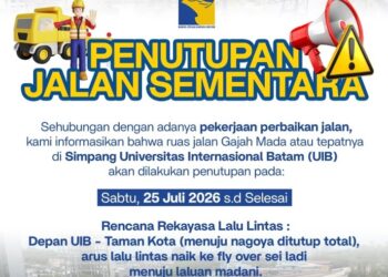 Badan Pengusahaan (BP) Batam akan memulai pekerjaan rekonstruksi Jalan Gajah Mada, khususnya dari ruas Pura Agung Amerta Bhuana hingga Taman Kota, pada 25 Juli 2026.
Foto: BP Batam