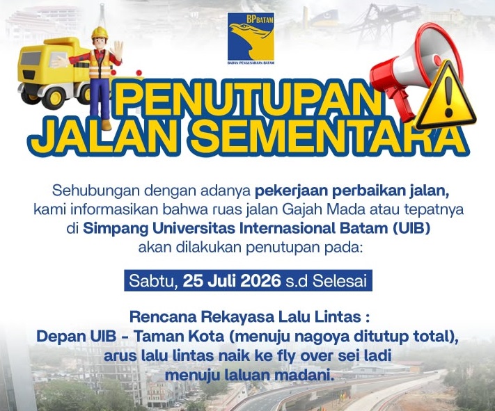 Badan Pengusahaan (BP) Batam akan memulai pekerjaan rekonstruksi Jalan Gajah Mada, khususnya dari ruas Pura Agung Amerta Bhuana hingga Taman Kota, pada 25 Juli 2026.
Foto: BP Batam