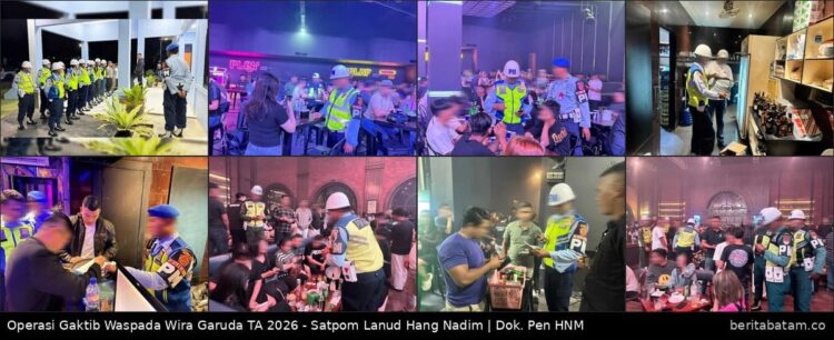 Foto: Personel gabungan Satpom Lanud Hang Nadim saat menggelar Operasi Gaktib Waspada Wira Garuda di sejumlah THM dan KTV di Kota Batam, Sabtu [29/8/2026] malam.
Foto: Pen HNM